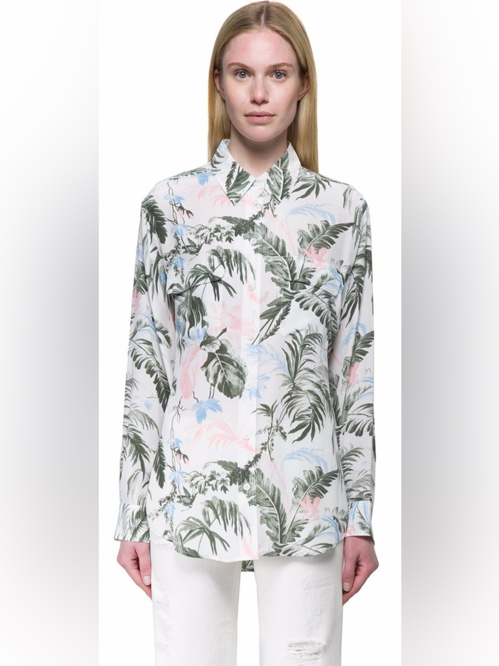 Equipment Slim Signature 100% Silk Tropical Palm Print Button Up Blouse Medium